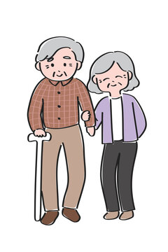 寄り添う日本人老夫婦のイラスト