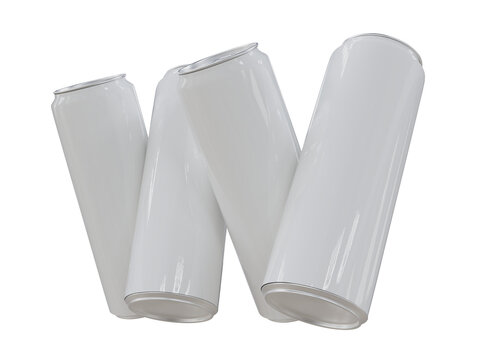 3D realistic blank white aluminum beverage cans packaging container with metallic tops, arranged together on an isolated. For presentation branding beer, energy, cola, soda, coffee, beverage design