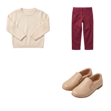 Elegant cream fine knit long-sleeved sweater, burgundy pants, and tan slip-on shoes for women.