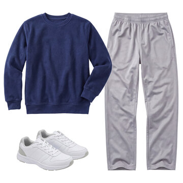 Comfortable navy blue crewneck sweatshirt, light grey sweatpants, and white athletic sneakers, ready for action.