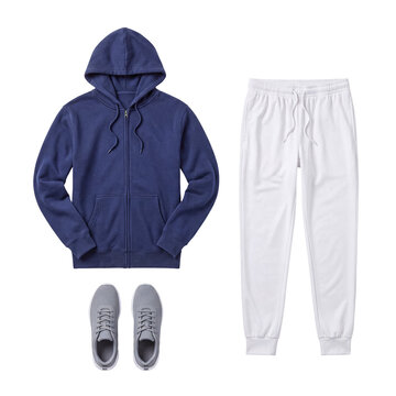 Stylish men's casual athleisure outfit, featuring a navy blue zip-up hoodie, clean white sweatpants.