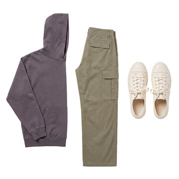 Modern men's fashion collection featuring a stylish dark gray hoodie, comfortable olive green cargo pants.