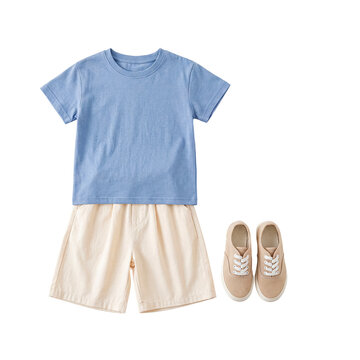 Classic children's summer casual wear: a light blue t-shirt, beige elastic-waist shorts, and canvas sneakers.