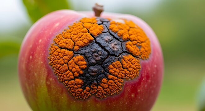Apple affected by severe fungal disease and rotting skin with agricultural