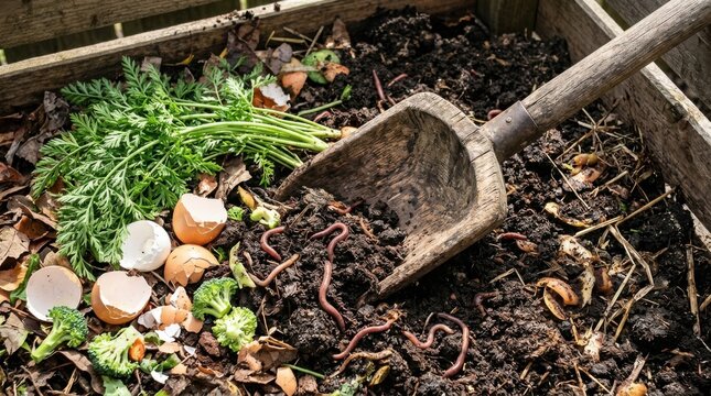 Organic compost pile with worms and garden shovel for sustainable gardening.