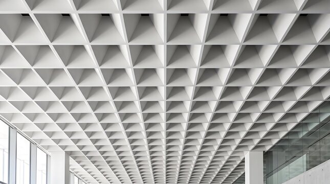 Harmonious abstract background pattern composed of inverted white geometric pyramids set into a ceiling
