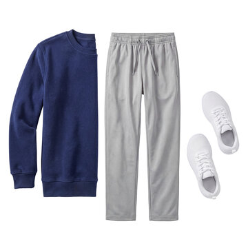 Dark blue fleece crewneck sweatshirt, light grey athletic drawstring pants, and white lace-up sneakers.