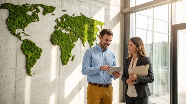 Business colleagues discussing strategy in modern office with green world map decor