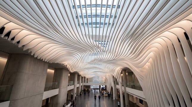 Elegant architectural 3D background featuring a harmonious parametric wavy ceiling made of white geometric fins and soft light.