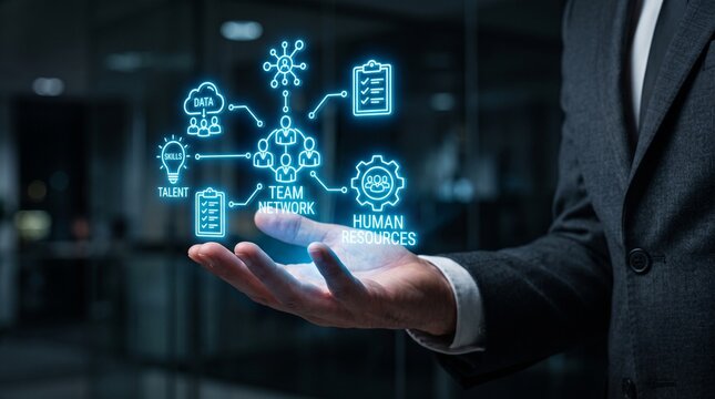 A businessman holding a glowing digital diagram representing modern human resources, team networks, talent, and data management.