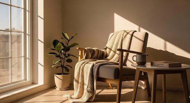 Cozy armchair with knitted blanket and houseplant by the window at sunset