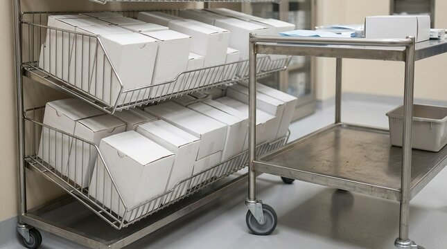 Supply Rotation FIFO Shelf Resting beside a Rolling Supply Cart &ndash; FIFO Supply Rotation Shelf, Hospital Inventory Management Stock Photo