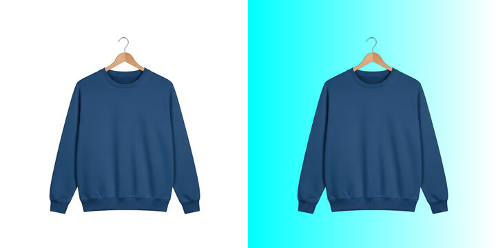 Blue blank crewneck sweatshirt on hanger isolated on transparent background