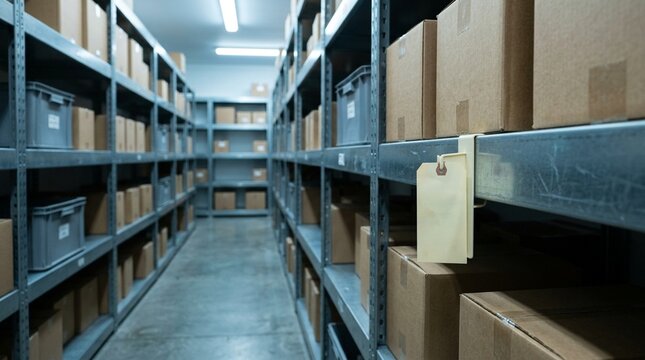 Supply Shelf Expiration Tag Standing within a Quiet Storage Aisle &ndash; Supply Shelf Expiration Tag, Hospital Inventory Compliance Stock Photo