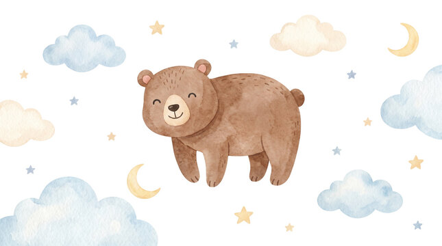 Cute watercolor illustration of a happy brown bear cub standing among clouds and stars.