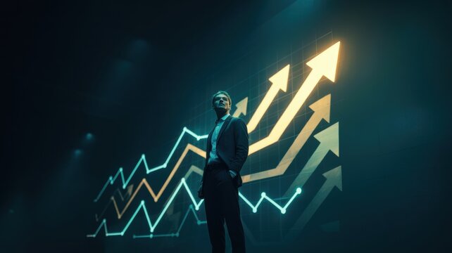 Businessman looking at glowing arrows and graphs representing growth success in dark futuristic background