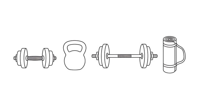 Dumbbell and kettlebell weight training equipment on white background