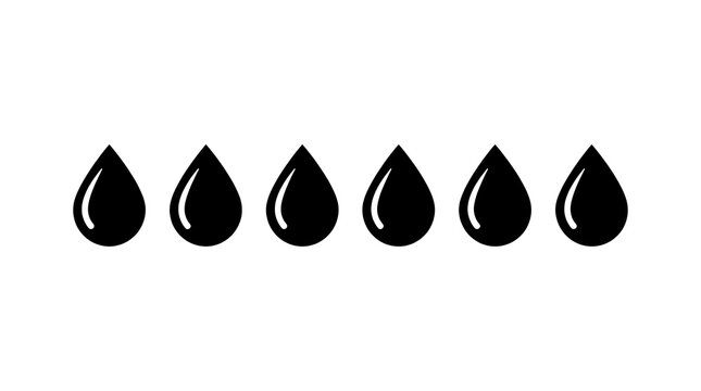 Set of six black water drops on white background