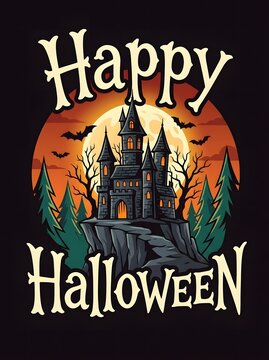 Dark Halloween t-shirt print and artwork featuring a spooky haunted castle in front of a glowing full moon with Happy Halloween typography on a black backdrop.