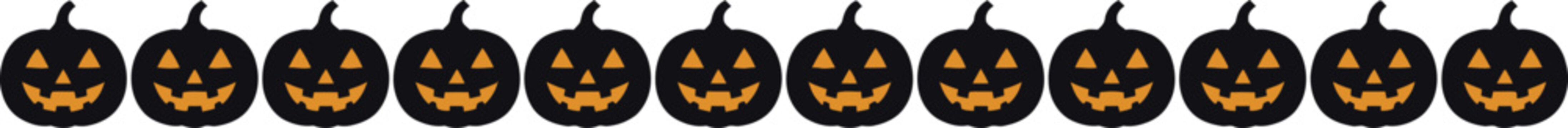 Halloween black pumpkin border, spooky jack-o-lantern horizontal divider, set of 14 dark pumpkin icons for festive web design