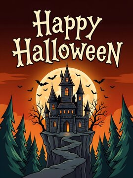 Halloween poster design featuring a mysterious haunted house castle on a cliff with a winding road, full moon, bats, and vintage Happy Halloween text.