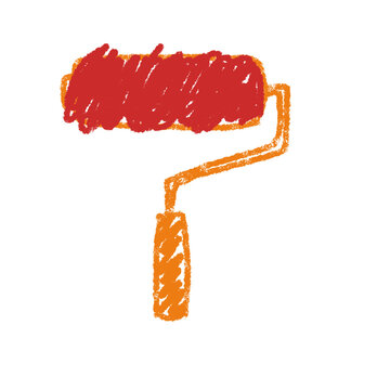 Hand-drawn paint roller with red paint streaks on white background. Minimalist sketch style using orange and red
