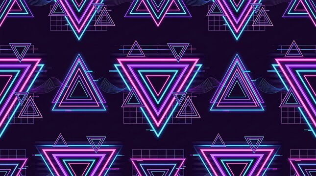 Neon geometric triangles glow in a synthwave pattern