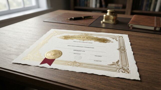 Certificate of Achievement on a wooden desk with pen and office accessories