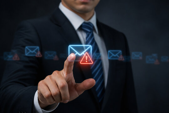 A man in a suit points at a glowing, stylized email icon with an alert symbol against a dark background.