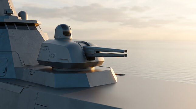 Railgun Turret on Modern Military Ship at Sea