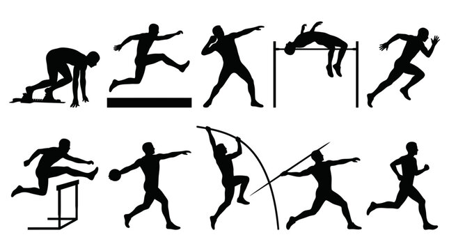 Athletes track and field silhouette set for sports and fitness competition, decathlon  Sportsman vector illustration