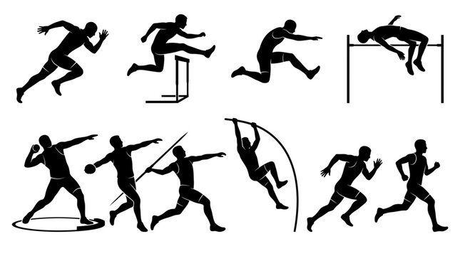 Track and field athlete silhouettes performing competitive sports poses, decathlon  Sportsman vector illustration