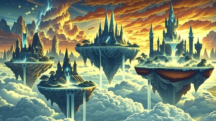 Fototapeta premium Fantasy floating islands with crystal castles, waterfalls, and moons above a sea of clouds