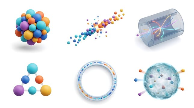 Colorful 3D science icons showcasing subatomic particle collisions and nuclear physics experiments