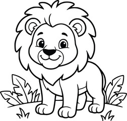 Obraz premium Cute lion coloring page for kids, cartoon baby lion vector illustration, black and white safari animal outline for preschool activity