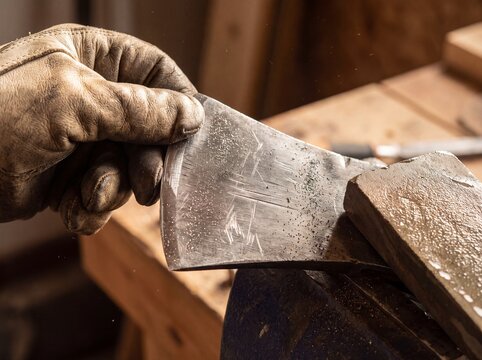Close-up of gloved hand sharpening an axe blade against a whetstone in a workshop setting
