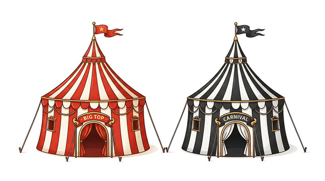 Two colorful circus tents under blue sky