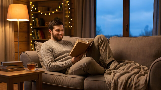 Happy man reading book on comfortable sofa in cozy living room with warm lamp lighting.