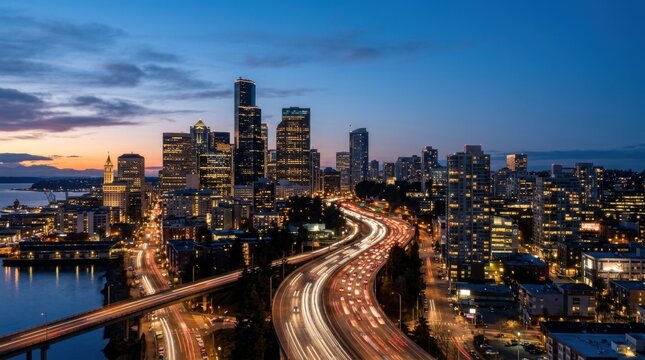 Modern city skyline at dusk with illuminated skyscrapers and busy highways