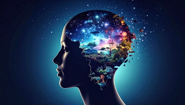 Human Mind with Galaxy Inside Head.