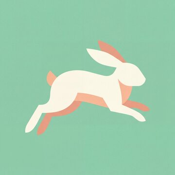 White agile leaping jumping hare rabbit silhouette in mid air motion, fast wild nature animal flat vector graphic illustration isolated on green background