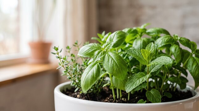 Fresh green herbs growing in a white ceramic pot near window, basil mint and thyme plants for cooking, indoor garden lifestyle, natural organic food ingredients, healthy kitchen