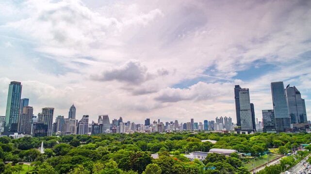 Bangkok central business district time-lapse on a cloudy day, modern skyscrapers under changing sky.