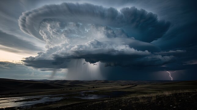 Dramatic supercell thunderstorm cloud swirling over a vast landscape with heavy rain shafts.
