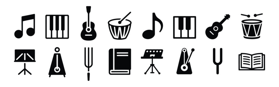 Musical instruments collection featuring notes piano keys guitars drums metronomes and music books.