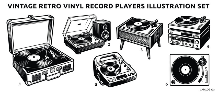 Set of Vintage Retro Vinyl Record Players and Turntables Illustrations