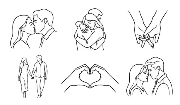 Romantic Couple Love Kiss and Hands Line Art Vector Set