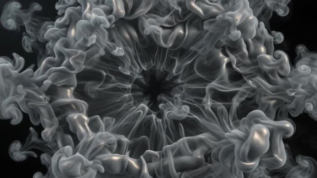 Dynamic burst of gray smoke particles expanding outwards in a starburst pattern