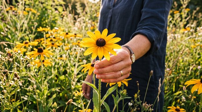 Person holding a vibrant yellow Rudbeckia flower in a sunny garden