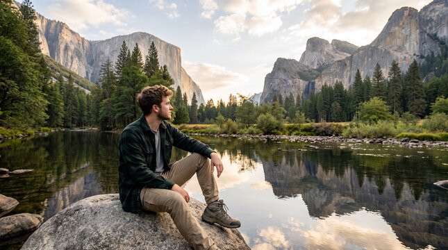 Young man sitting on rock by river in Yosemite Valley enjoying nature